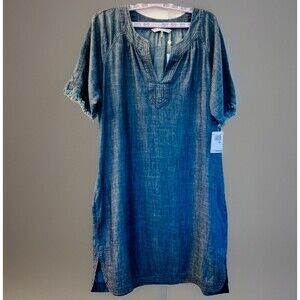 Trina Turk Shelby Indigo Blue Women’s XXL Dress Chambray Fringe Hem Pockets $258